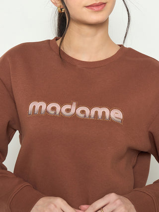 Madame Crew Neck Printed Brown Sweatshirt