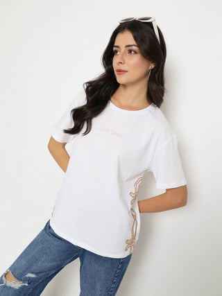 Madame Embroidered Half Sleeve White Cotton T-shirt