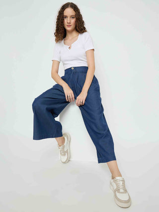 Madame Pintuck Detailed Cotton Blend Mid Blue Wide Leg Jeans