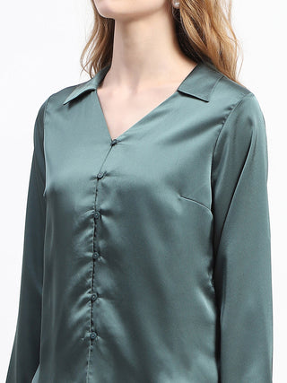 Madame Satin Bell Sleeve Collared Solid Jade Green Top