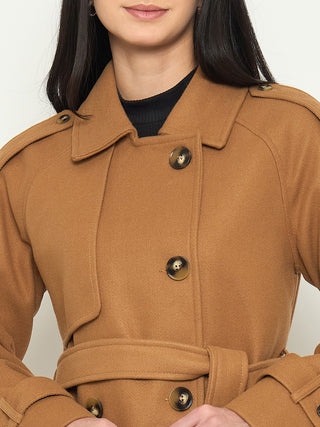 Madame Shirt Collar Khaki Long Coat with Buttons and Belt