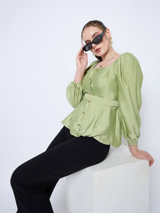Madame Green Rayon Blend Square Neck Belted Button Front Top