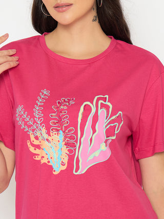 Madame Embroidered Hot Pink Cotton T-shirt