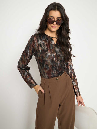 Madame Metal Buckled Neckline Tie Dye Black Satin Top