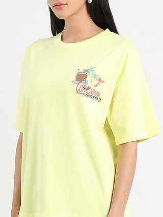 Madame Graphic Print Detailed Yellow Cotton T-shirt