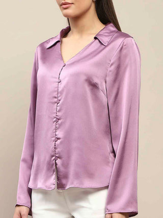 Madame Satin Bell Sleeve Collared Solid Lilac Top