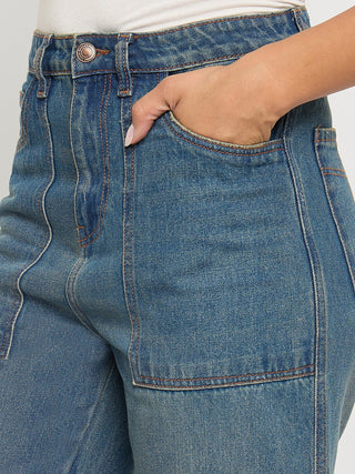 Madame Panel Detailed Tinted Green Wide Leg Denim Cargo