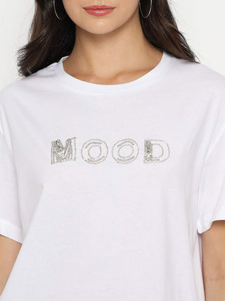 Madame Embellished Typography White Cotton T-shirt