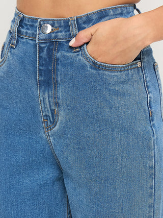 Madame Acid Wash Mid Blue Cotton Blend Straight Jeans