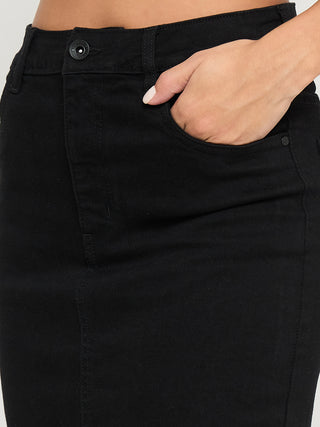 Madame Solid Jet Black Cotton Blend Maxi Denim Skirt