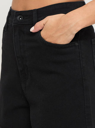 Madame Cotton Blend Solid Black Denim Shorts