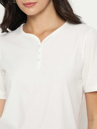 Madame Henley Neck Solid White T-Shirt
