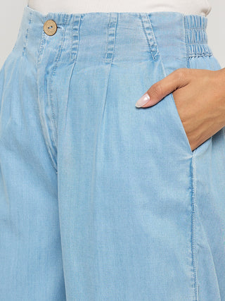 Madame Pintuck Detailed Cotton Blend Light Blue Wide Leg Jeans