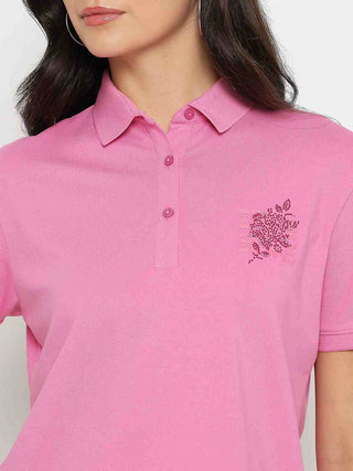Madame Print Adorned Cotton Blend Pink  Polo T-shirt