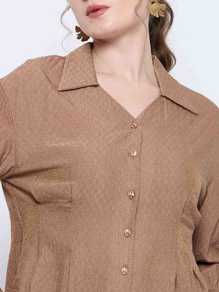 Madame Solid Tan Wing Neck Button Down Cuff Sleeve Shirt