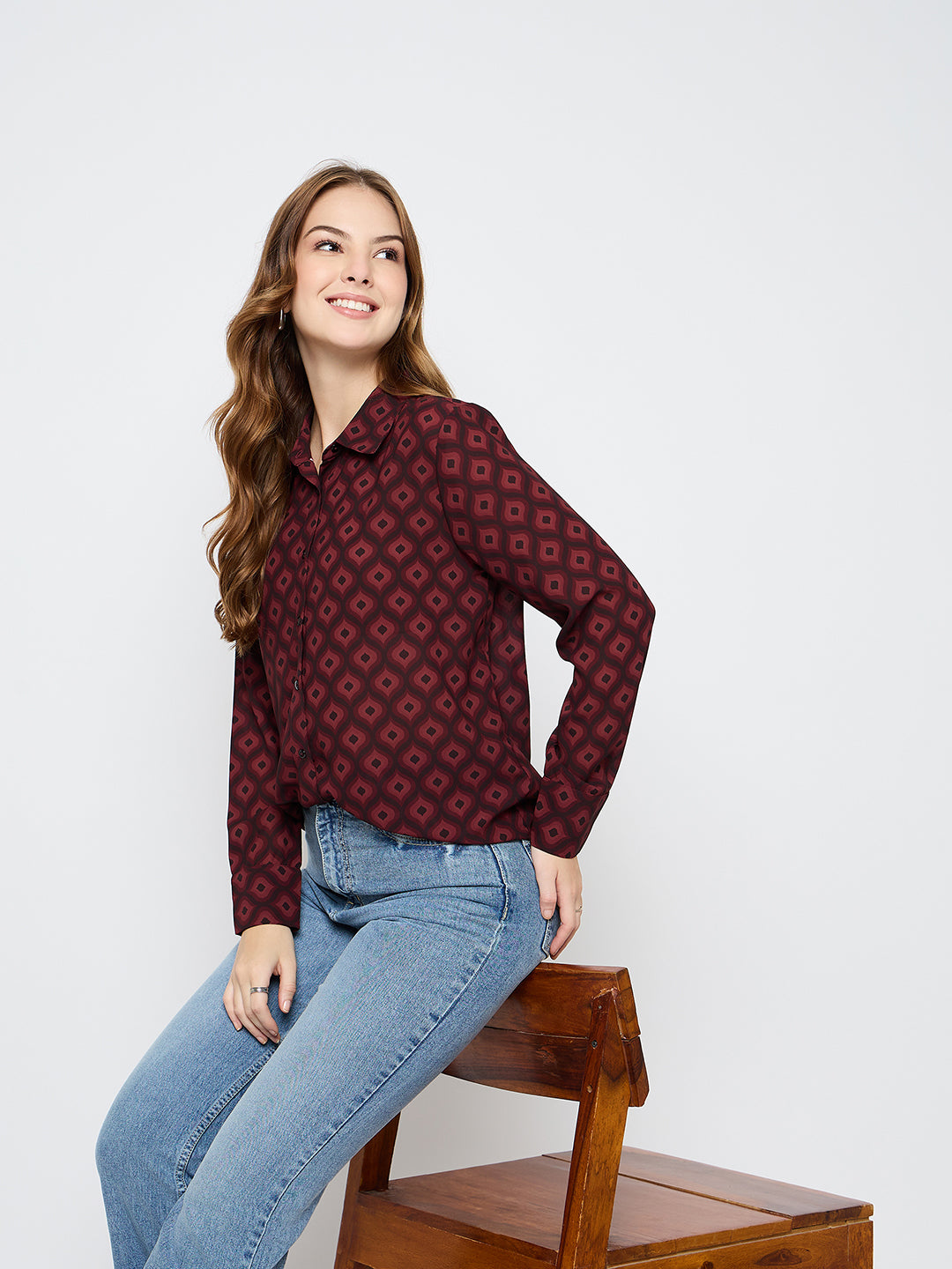 Madame Geometric Print Wine Red Shirt color swatch