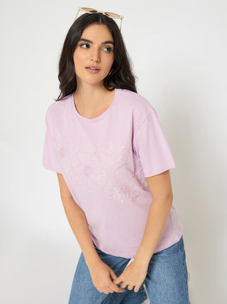 Madame Embellished Lilac Cotton T-shirt