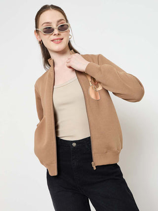 Madame Beige Mock Neck Sweatshirt with Graphic Print Pocket Patch