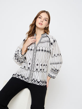 Madame Floral Print Cotton Blend Black Top