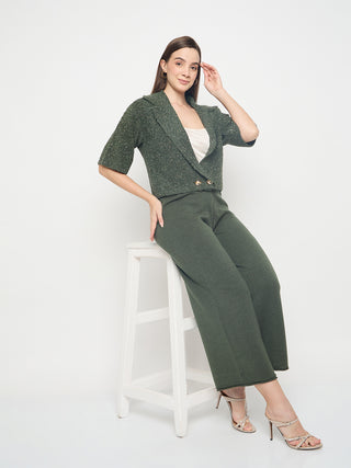 Madame Textured Coat with Solid Top and Bottoms Olive Green Co-ord Set