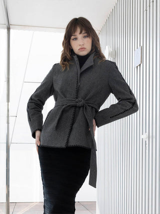 "Madame Wrap Style Belted Grey Coat