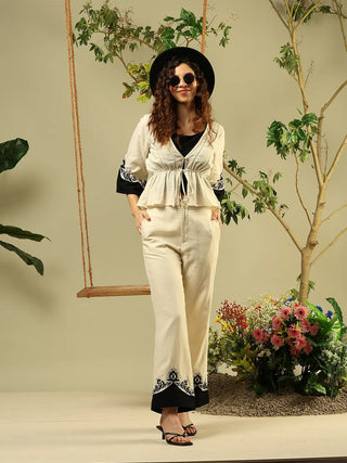 Madame Printed Viscose Blend Three Piece Off White Co-ord Set