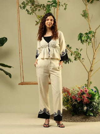 Madame Printed Viscose Blend Three Piece Off White Co-ord Set